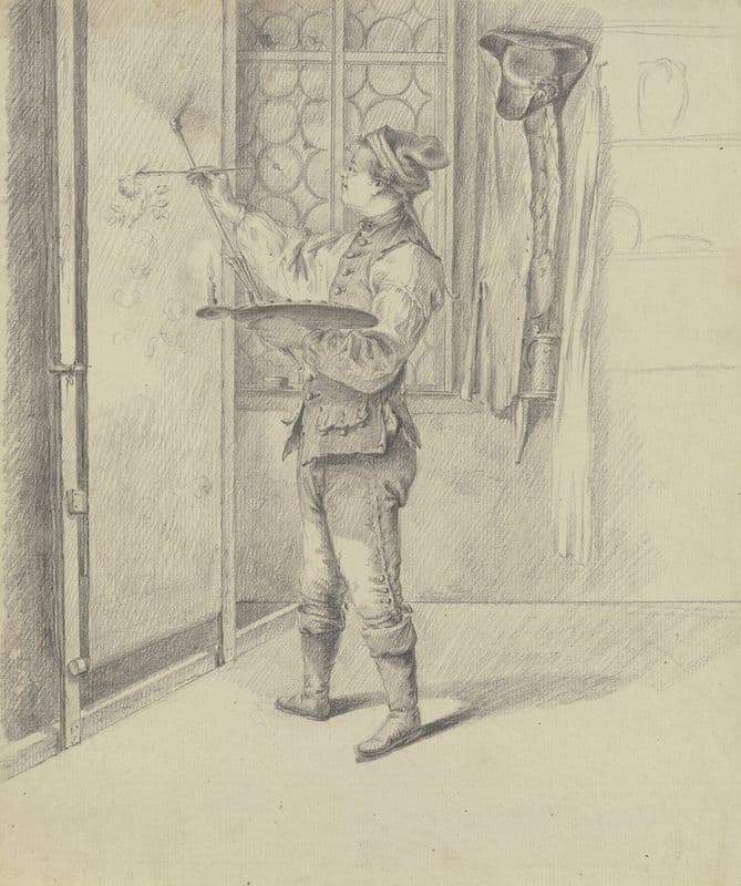 Junger Maler, ein Rollbild (Tapete) malend, bei Kerzenlicht as a canvas print