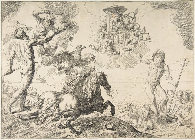 Jupiter, Neptune, and Pluto offering their crowns to the arms of Cardinal Borghese (1642–43) as a canvas print