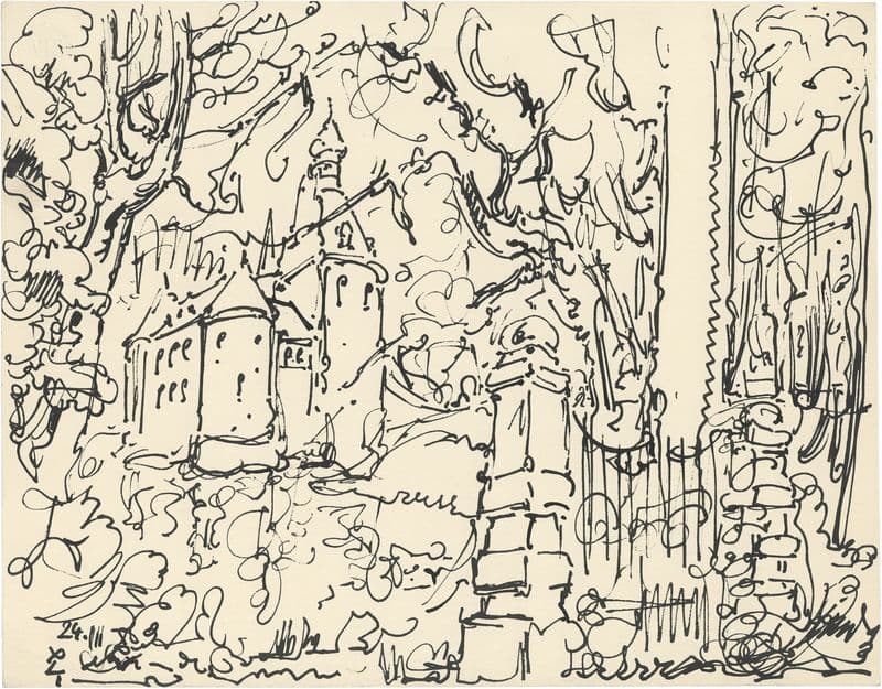 Kasteel met bomen en omheining as a canvas print