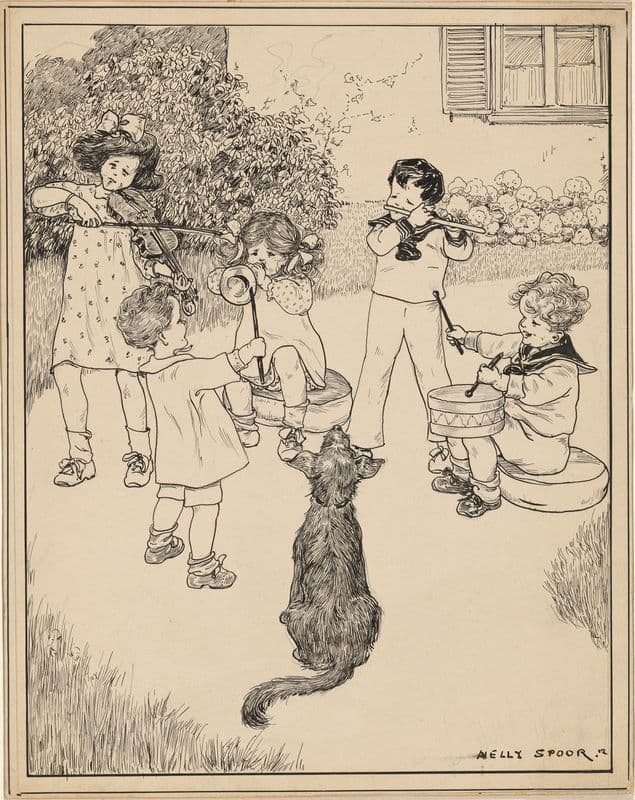 Kinderorkest in een tuin as a canvas print