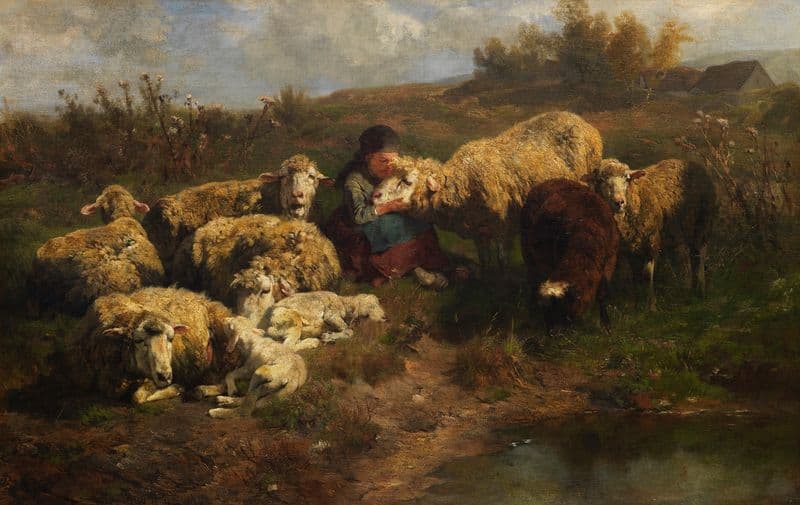 Kleine Hirtin mit Schafen as a canvas print
