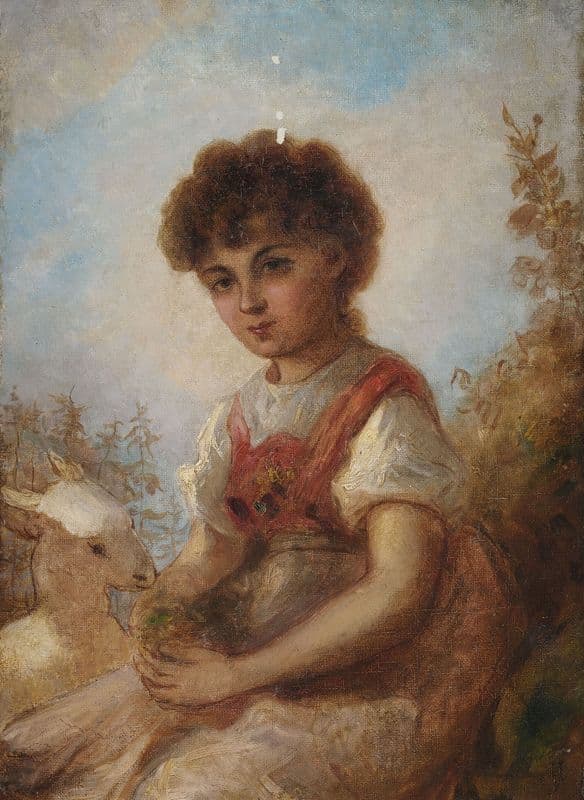 Kleines Mädchen mit einer Ziege as a canvas print