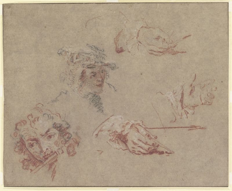 Kopf eines Flötisten, Kopf eines jungen Mannes mit flachem Barett, drei Hände, zwei Zeichenstift und Zirkel haltend (before 1730) as a canvas print