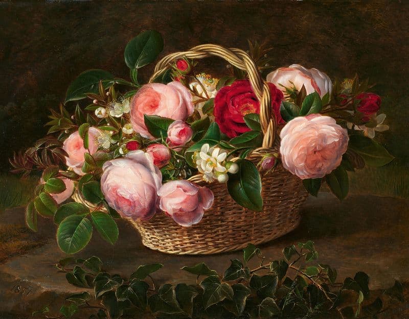 Korb mit Rosen- und Apfelblüten as a canvas print