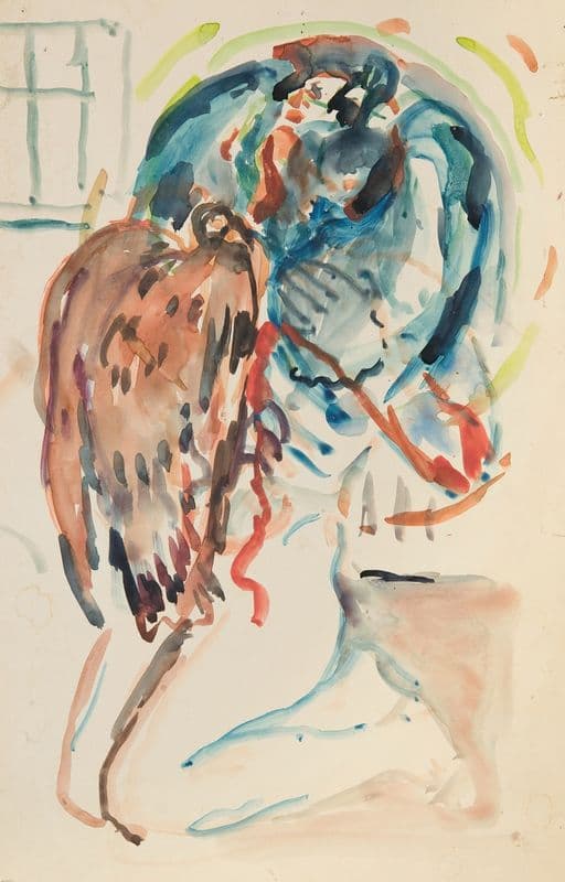 Kunstneren og hans syke øye. Knelende kvinnelig akt med ørn as a canvas print