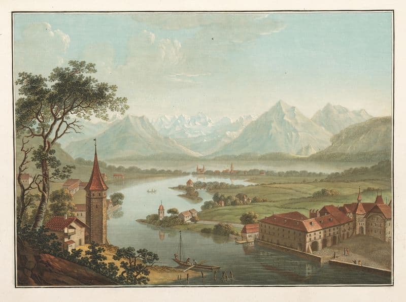 Lac et ville de Thun, avec la rivière de l’Aar, prise à Vue d’Oiseau- de la Terrasse du Chateau (1915-1945) as a canvas print