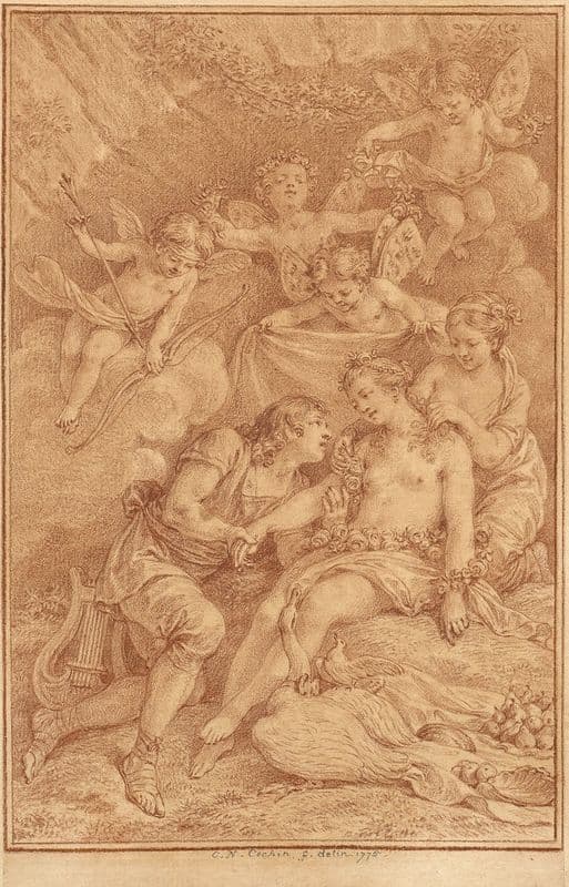 L’Amour va blesser Charite qui regarde Vénus et Péristère rassure les Nicéennes qui vont céder aux bergers conduits par l’Amour as a canvas print