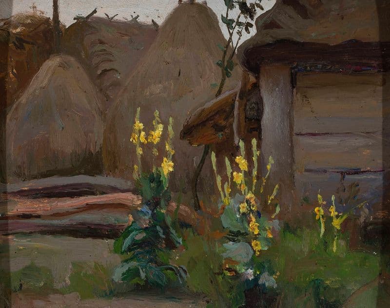 Landscape study – Mulleins in front of a cottage as a canvas print