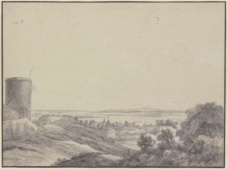 Landschaft, links ein Turm, einige Mauern und Häuser, rechts Gebüsch, Fernsicht as a canvas print
