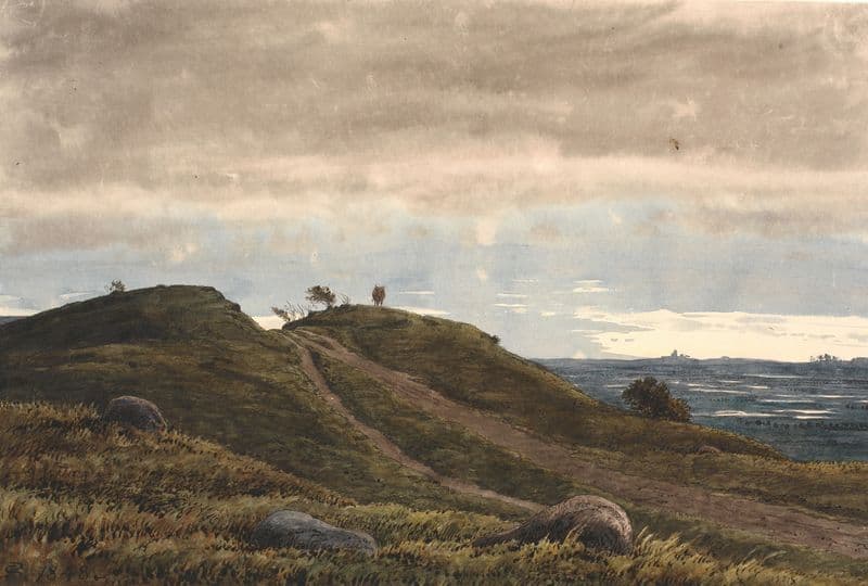 Landskab med en sandet vej, der fører over en lyngbakke. Til højre udsigt over vidtstrakt land med tørvemoser. Fra Raageleje-egnen (1847 - 1848) as a canvas print