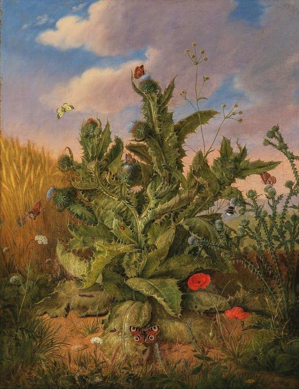 Large Still Life of Thistle with Meadow Flowers and Butterflies as a canvas print