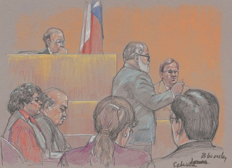 Lawyer speaking in front of judge, witness and others during trial of Yolanda Saldivar for the murder of the singer Selena as a canvas print