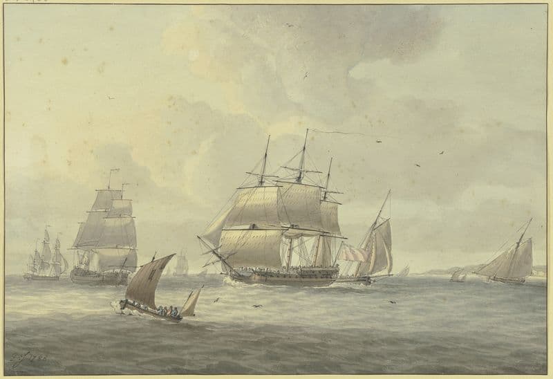 Leicht bewegte See, unter vielen Schiffen ein Dreimaster mit vollen Segeln nach links, vorne ein Segelboot as a canvas print