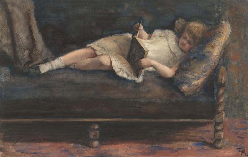 Lezend meisje, liggend op een bank (1865 - 1913) as a canvas print