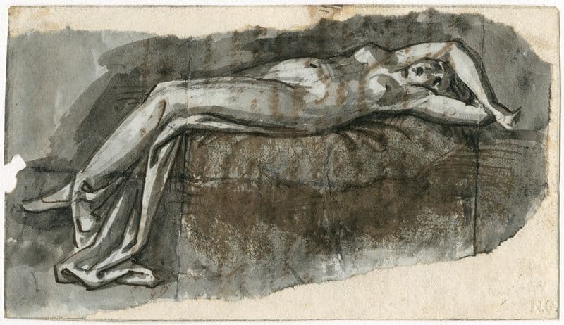 Liggende vrouwenfiguur in lang gewaad, op rustbank as a canvas print