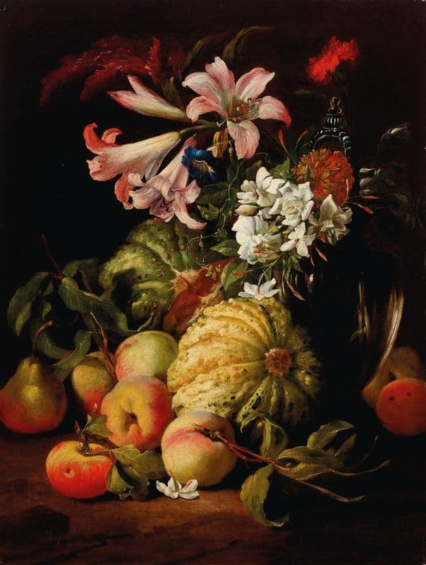 Lilies and other flowers in a glass vase with peaches and melons as a canvas print