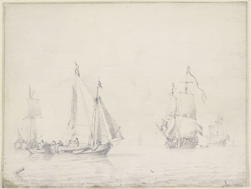 Links drei Barken, rechts zwei größere Schiffe unter vollen Segeln as a canvas print
