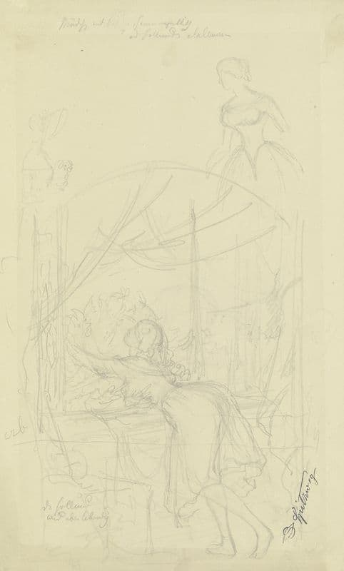 Mädchen am Fenster, einen Blumenstock umarmend, darüber Skizzen zweier Mädchen as a canvas print