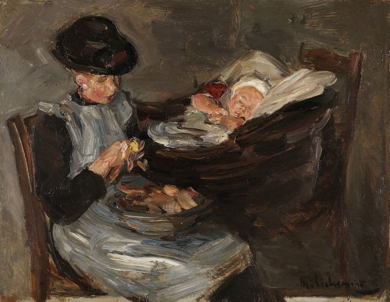 Mädchen aus Laren beim Kartoffelschälen neben schlafendem Kind im Korb as a canvas print
