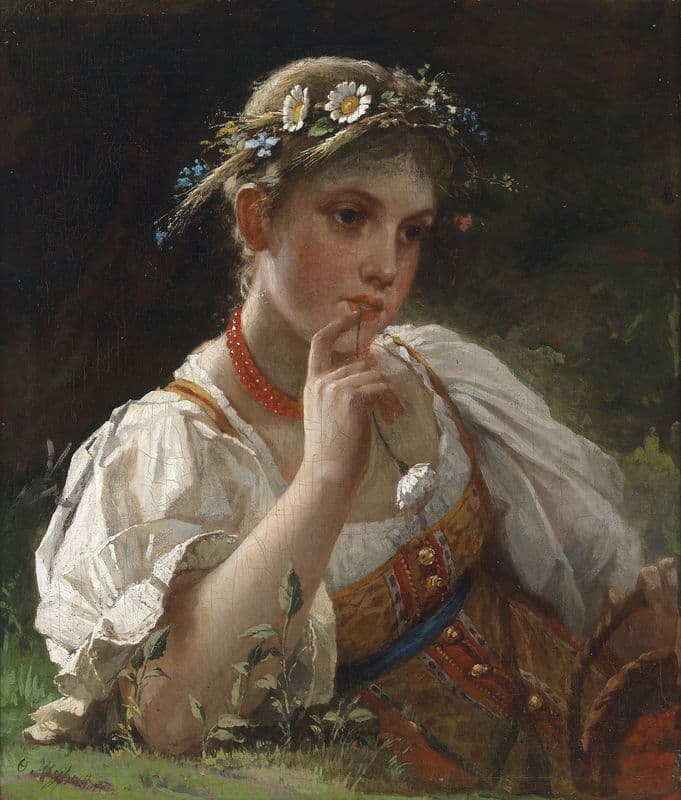 Mädchen in Tracht mit Blumenkranz as a canvas print