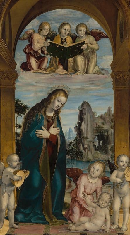 Madonna Adoring the Child with Musical Angels (about 1500–1510) as a canvas print