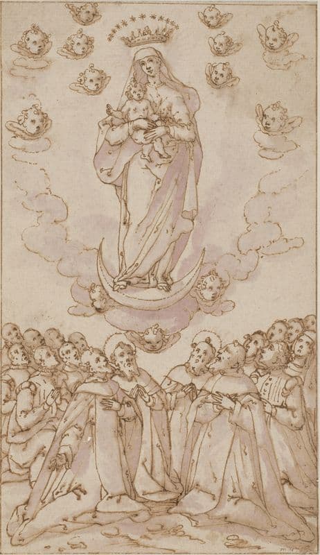 Madonna og barnet på en halvmåne viser sig for en gruppe helgener, præster og lægmænd as a canvas print