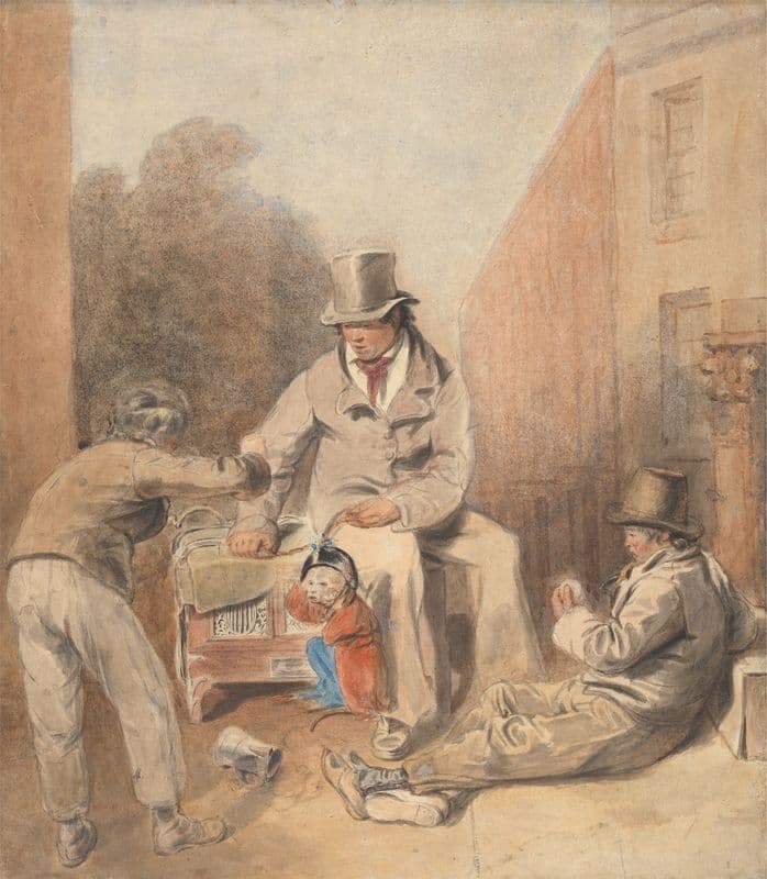 Man and Children with a Street Organ and a Monkey as a canvas print