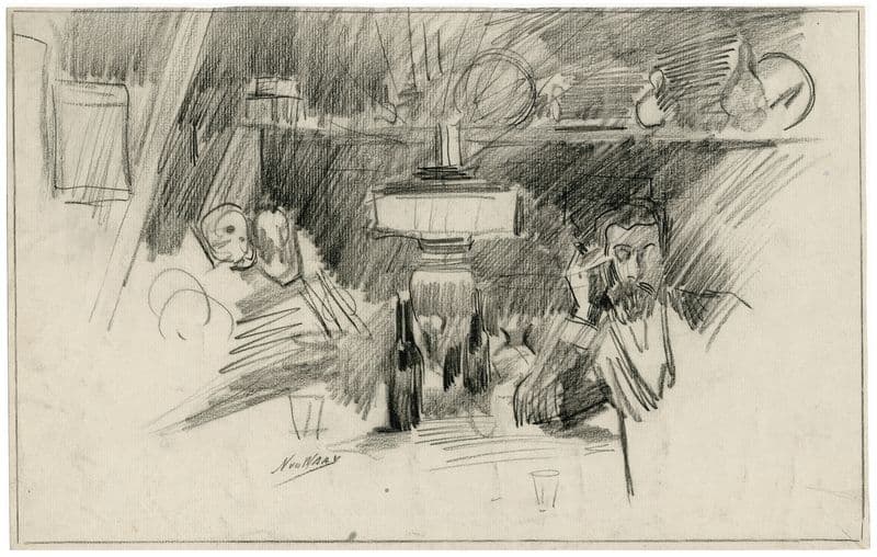 Man met sigaar gezeten aan tafel, waarop olielamp e.a as a canvas print
