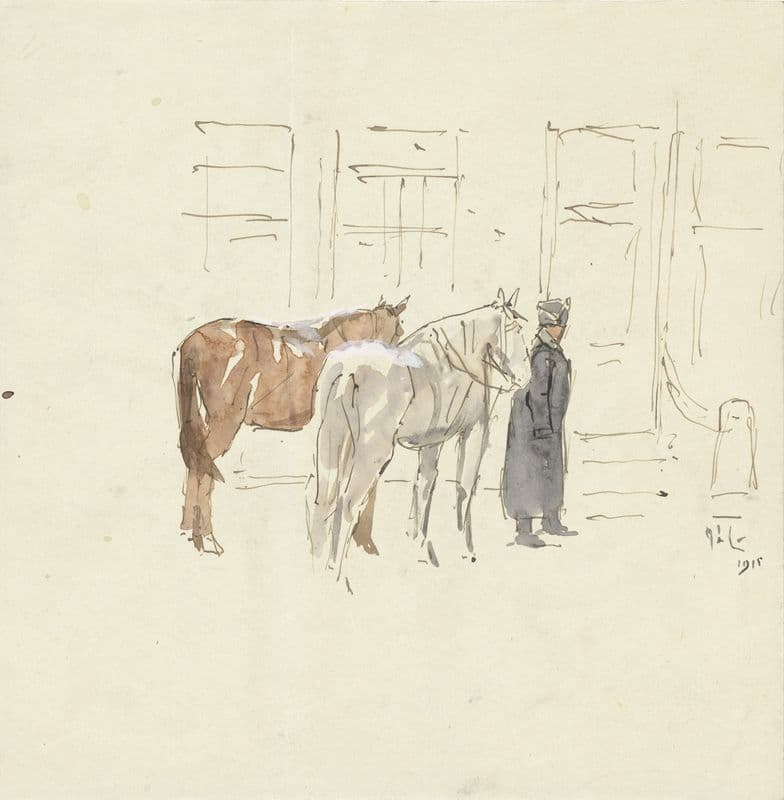 Man met twee paarden voor een gebouw as a canvas print