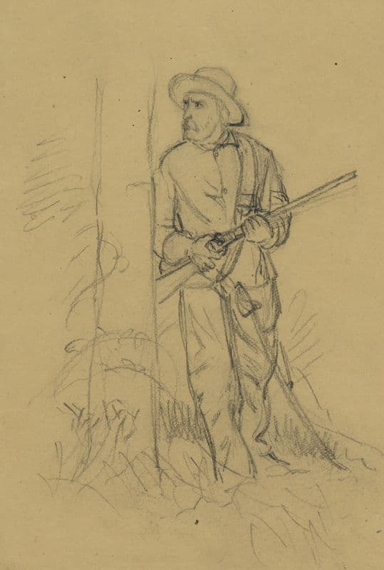 Man with rifle peering around tree (1860-1865) as a canvas print