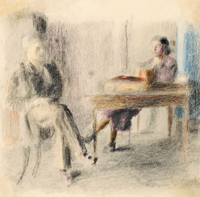 Mann und Frau am Tisch in Amdener Stube as a canvas print