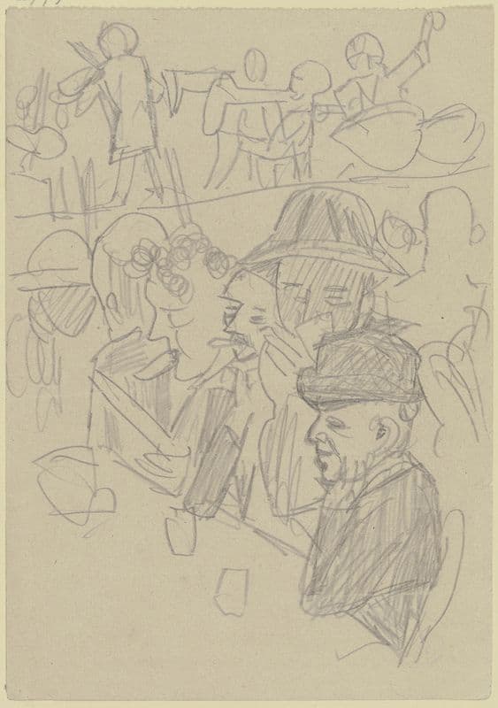 Männer an einem Tisch mit Gläsern, im Hintergrund eine Musikkapelle as a canvas print