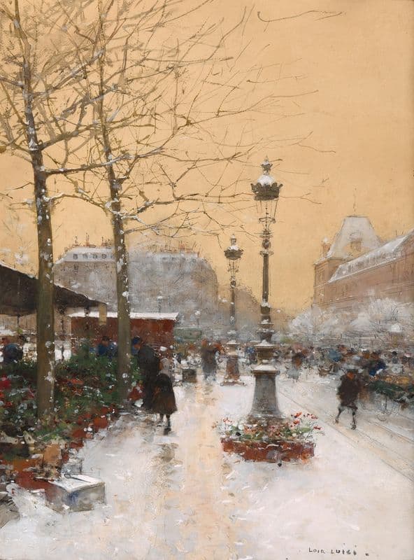 Marché aux fleurs sous la neige as a canvas print