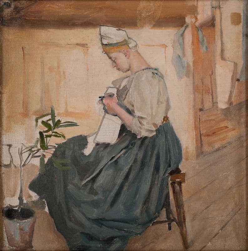 Mary Gallen sewing in a Carelian home as a canvas print