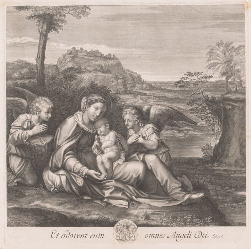 Mary with sleeping Christ child and two angels as a canvas print