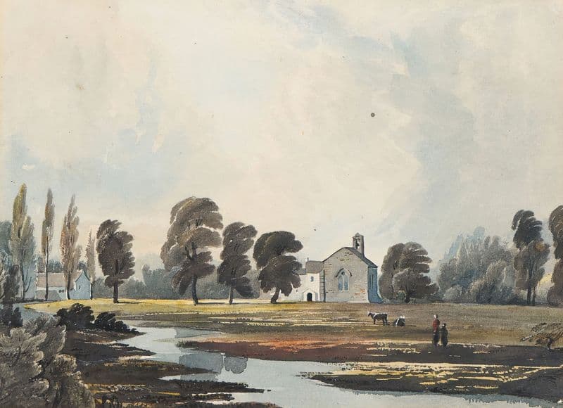 Meadow Scene With A Stream And Church Beyond (1800-1840) as a canvas print
