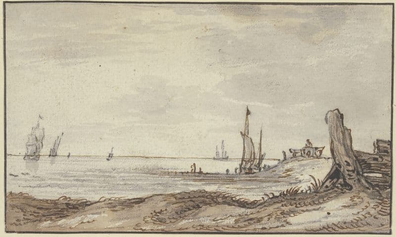 Meeresstrand mit ruhiger See, rechts im Mittelgrunde hält ein Wagen, sieben Segel in Sicht as a canvas print