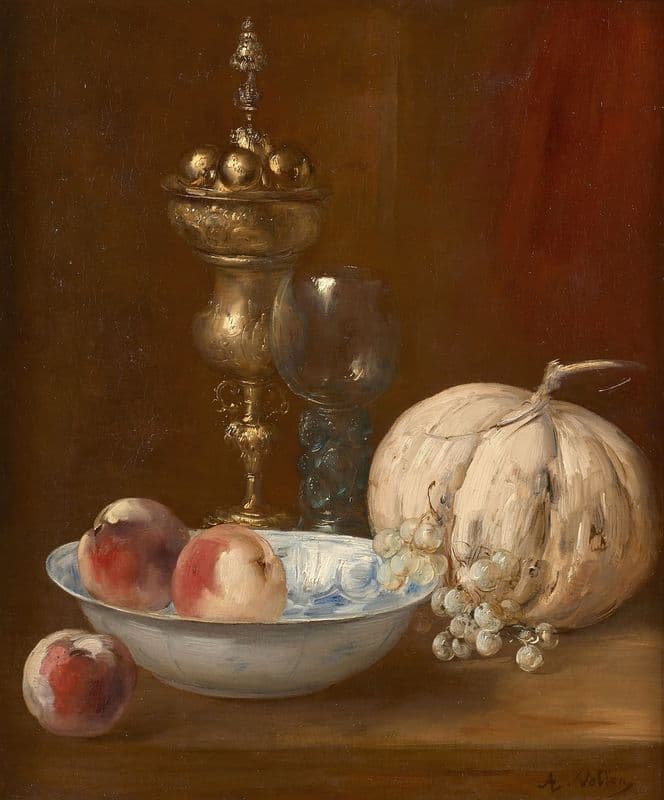 Melon, coupe de fruits et pièce d’orfèvrerie sur un entablement as a canvas print
