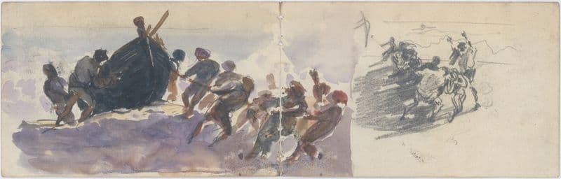 Men Hauling Lifeboat Ashore as a canvas print