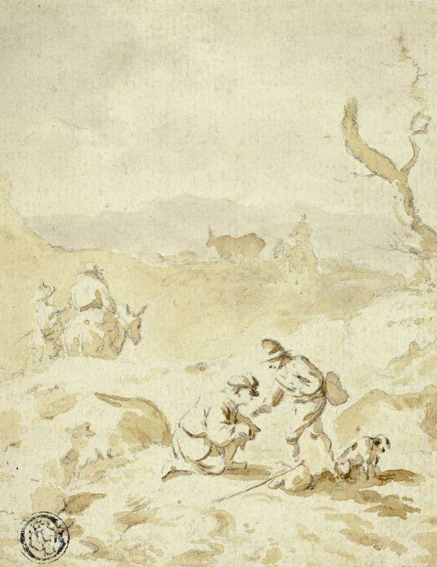 Men Traveling Through Hills with Mules, Packs and Dog as a canvas print