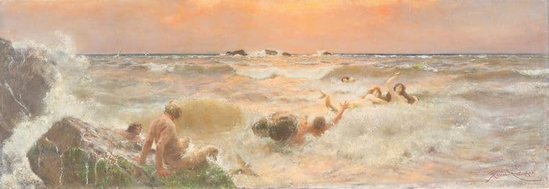 Mermaids frolicking in the sea at sunset as a canvas print