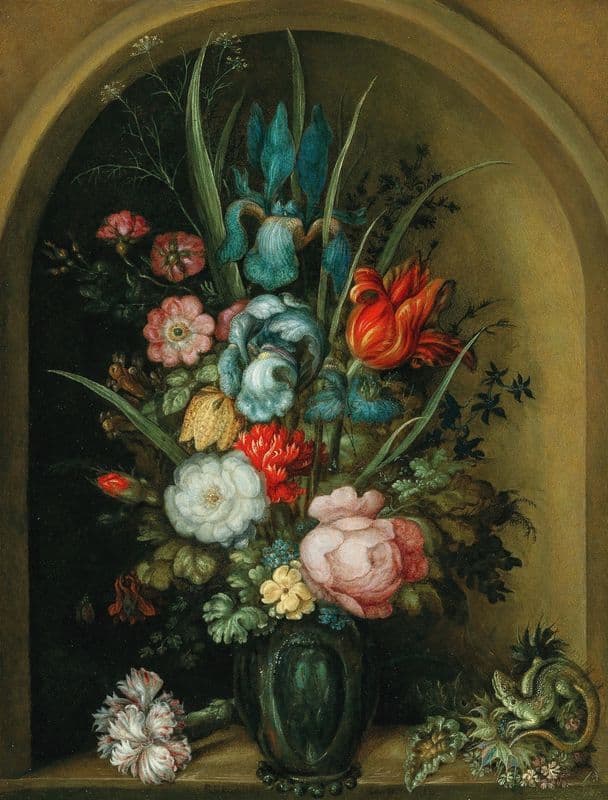 Mixed flowers in a glass vase with a lizard nearby as a canvas print