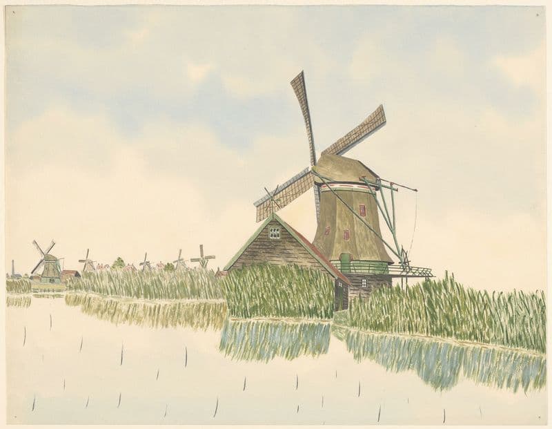 molens; oliemolen Het Zwarte-Kalf, aan de Kalverpoel, met l. op de achtergrond vijf andere molens (1930-1945) as a canvas print
