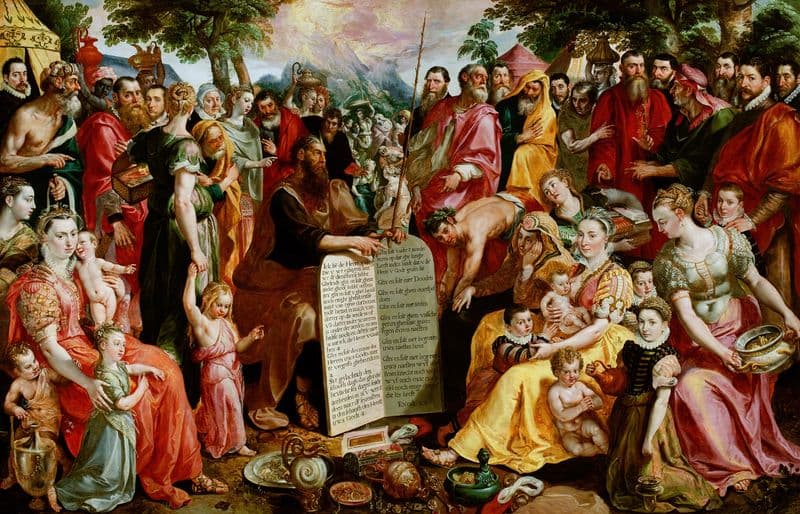 Moses Showing the Tablets of the Law to the Israelites with Portraits of Members of the Panhuys Family, their Relatives and Friends (1574 - 1575) as a canvas print