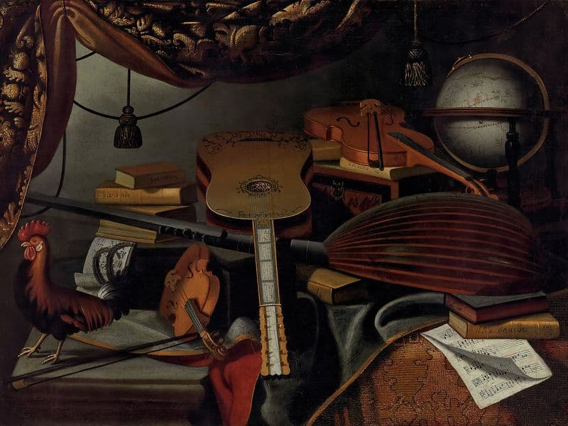Musical instruments, books, music scores, a globe and a rooster on a table draped with a carpet as a canvas print