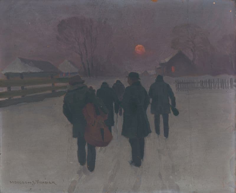 Musicians Returning in the Early Morning through Snowed Landscape as a canvas print