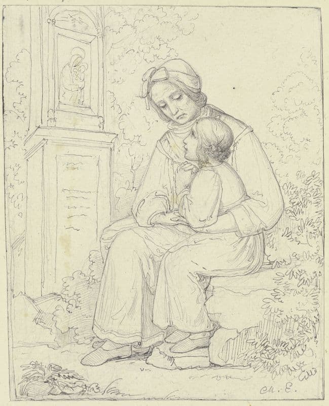 Mutter mit betendem Kind vor einem Bildstock mit einem Madonnenbild as a canvas print