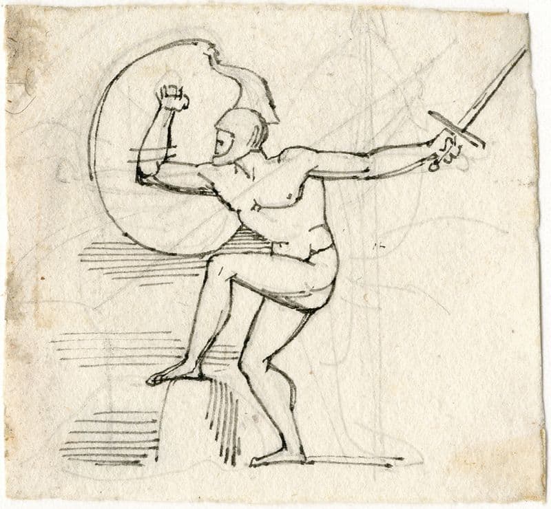 Naakte krijger met schild en zwaard, in gevechtspose as a canvas print