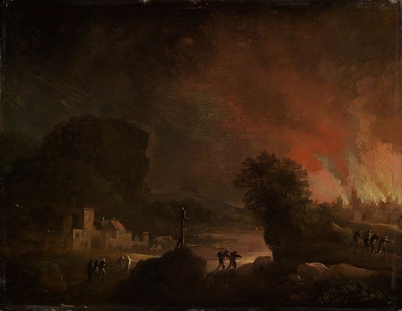 Nächtliche Landschaft mit brennender Stadt as a canvas print