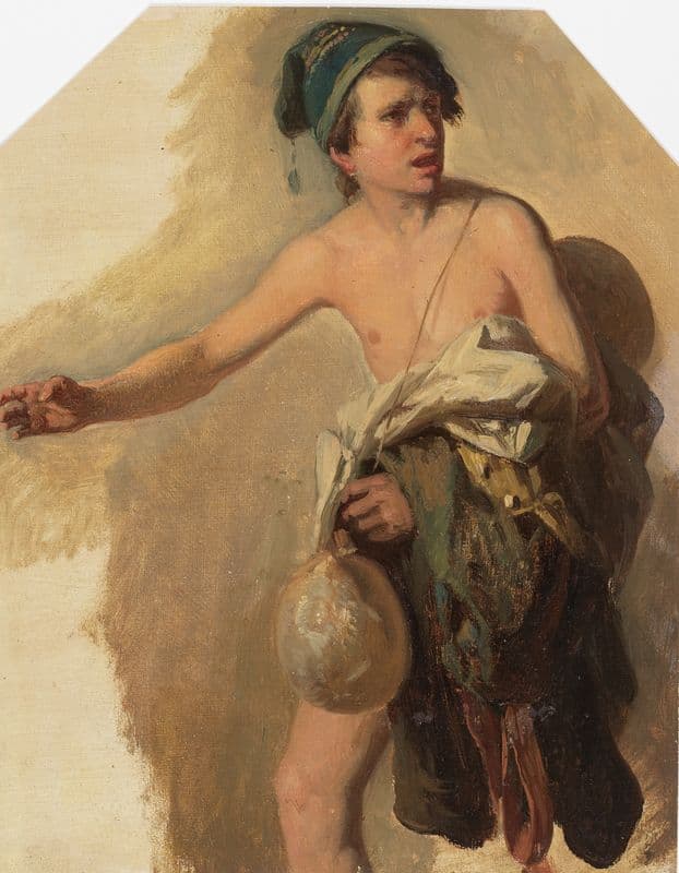 Nackter Junge mit Kleidern über dem Arm im Schritt nach links as a canvas print